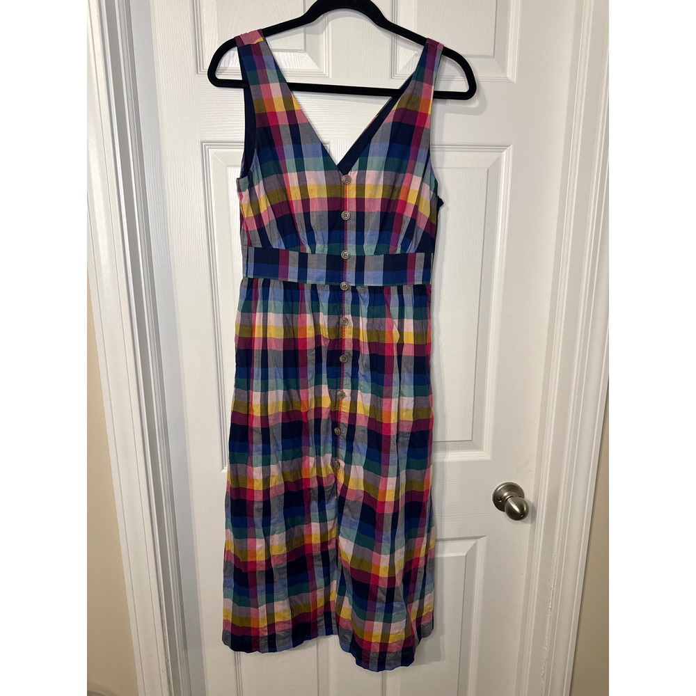J.Crew Rainbow Plaid Button Front Midi Dress Sleeveless V-Neck Pockets Size 0